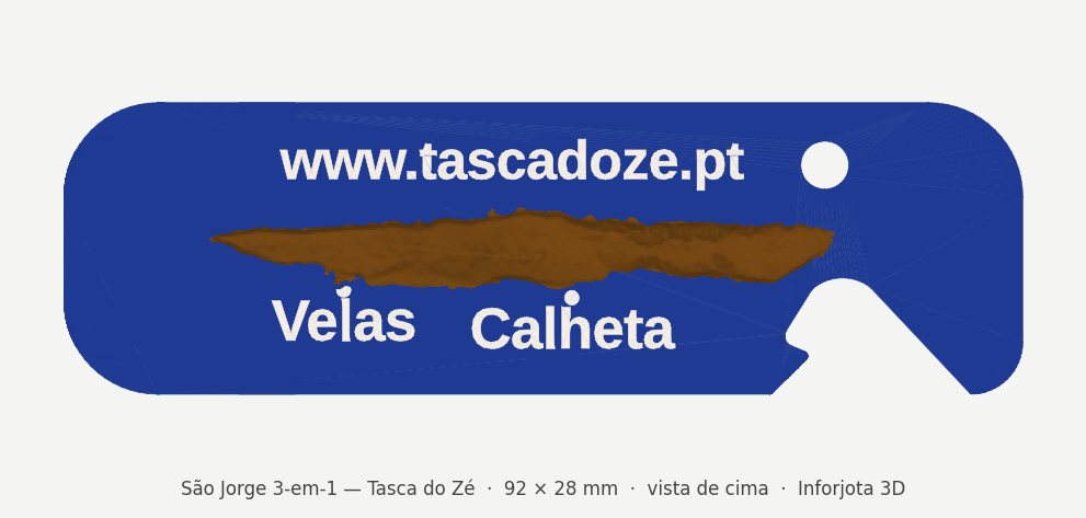 Chaveiro azul com a ilha de São Jorge em relevo castanho e o endereço da Tasca do Zé
