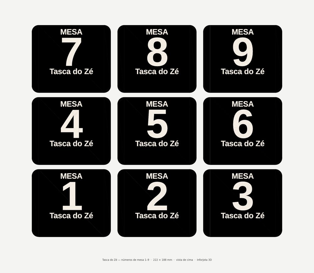 Nove placas pretas numeradas de mesa com o nome do restaurante