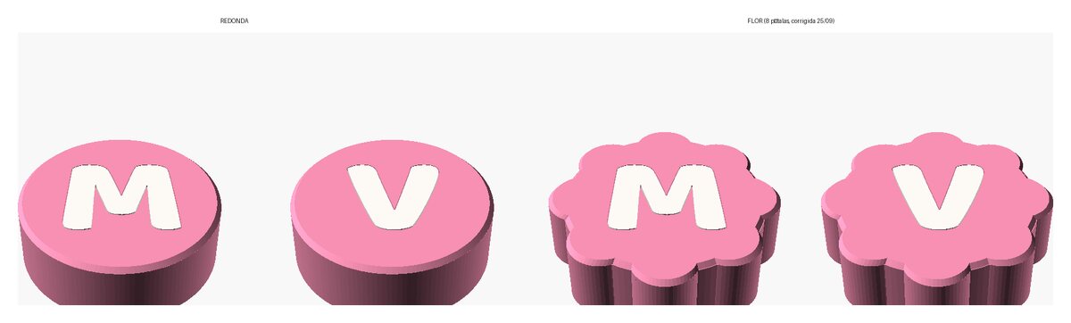 Quatro tampas cor-de-rosa com as letras M e V