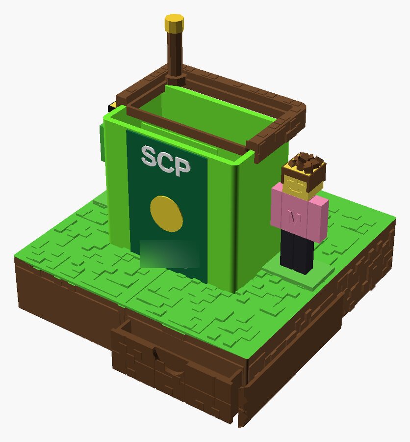 Caixa verde de blocos com boneco e gaveta na base